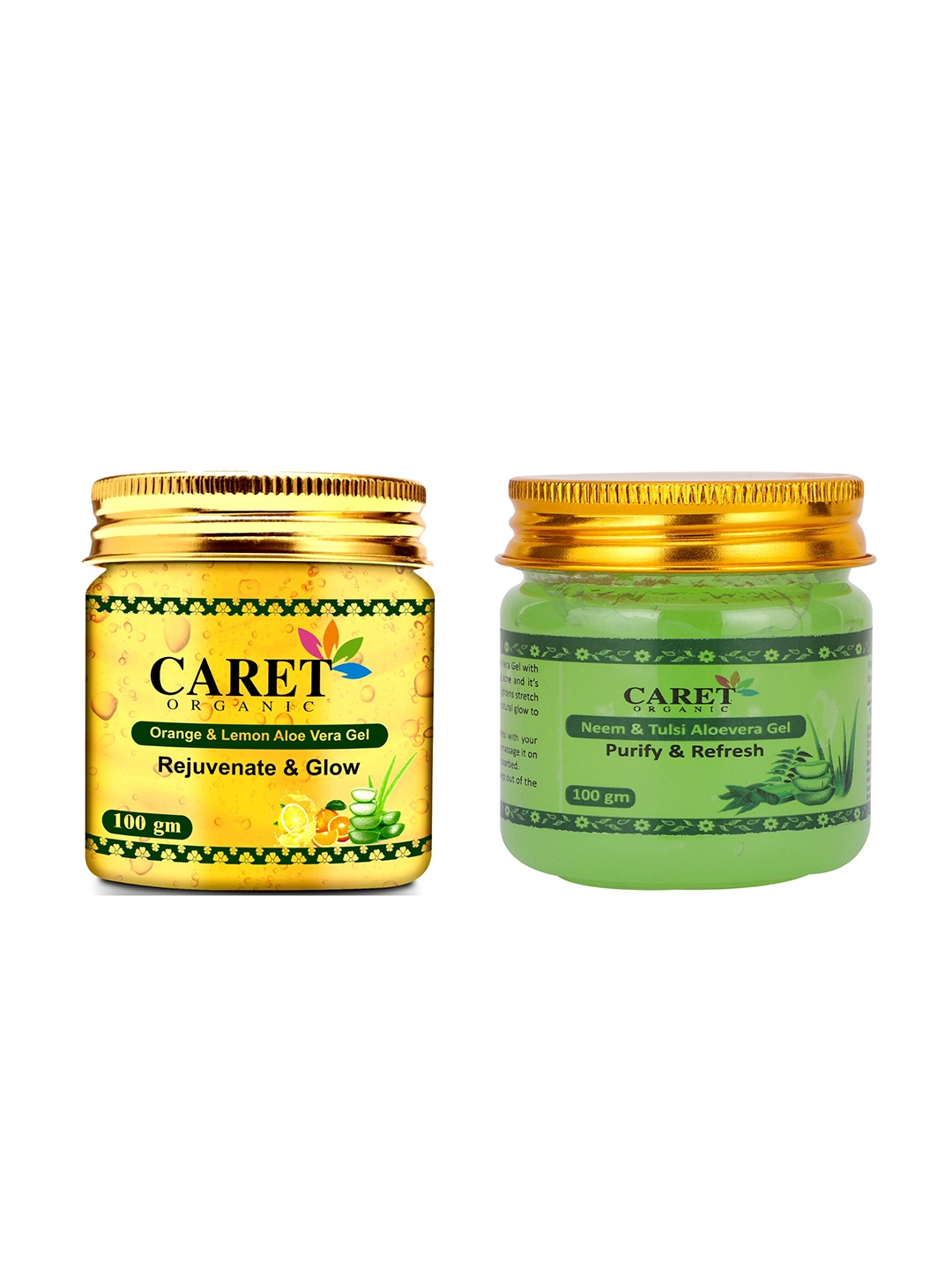 

CARET ORGANIC Set Of 2 Orange & Lemon Aloe Vera Gel & Neem Tulasi Aloevera Gel- 100 g Each, Yellow