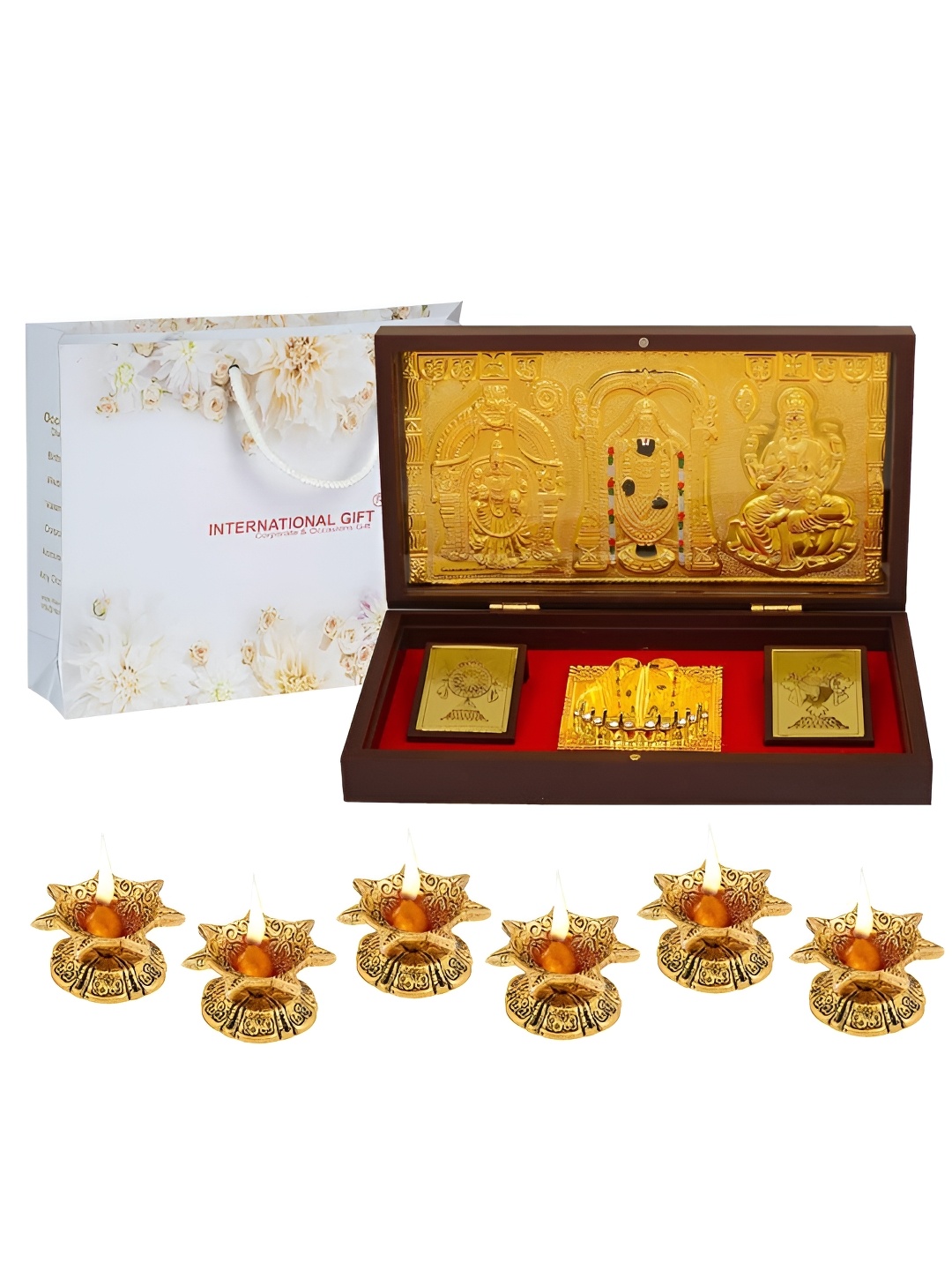 

INTERNATIONAL GIFT Gold-Toned Religious Bala Ji Charan Paduka Showpiece with 6 Diya