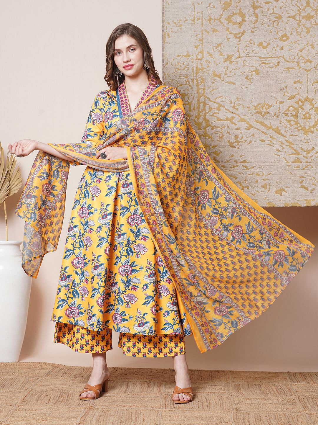 

Anni Designer Women Floral Printed V-Neck Anarkali Kurta with Palazzos & Dupatta, Yellow