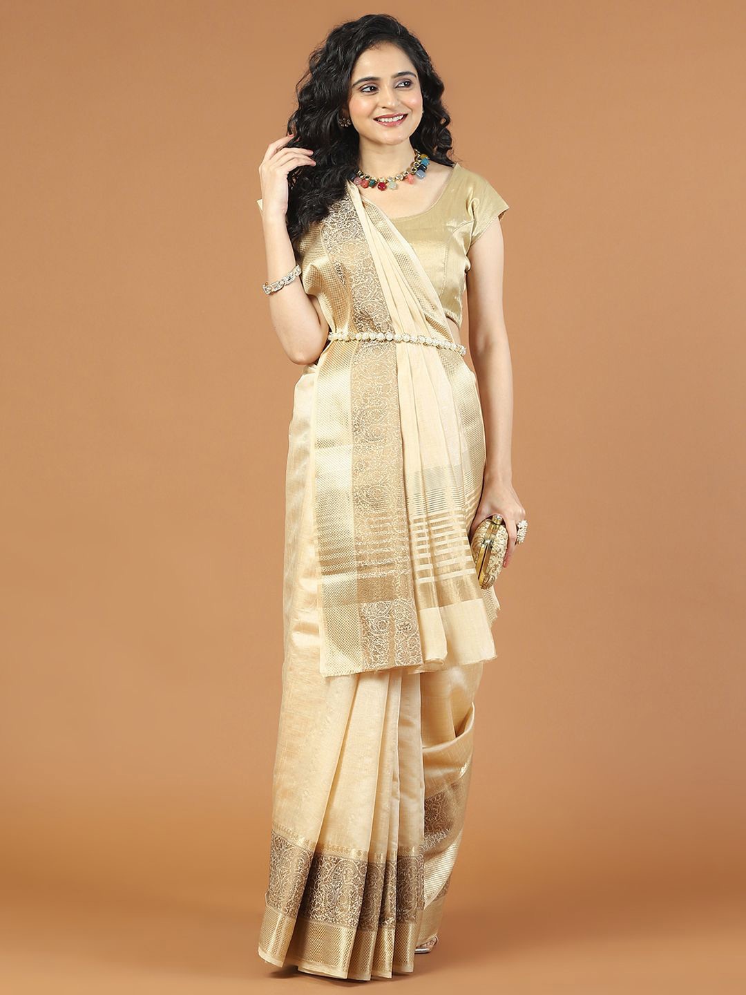 

Meena Bazaar Zari Art Silk Saree, Beige