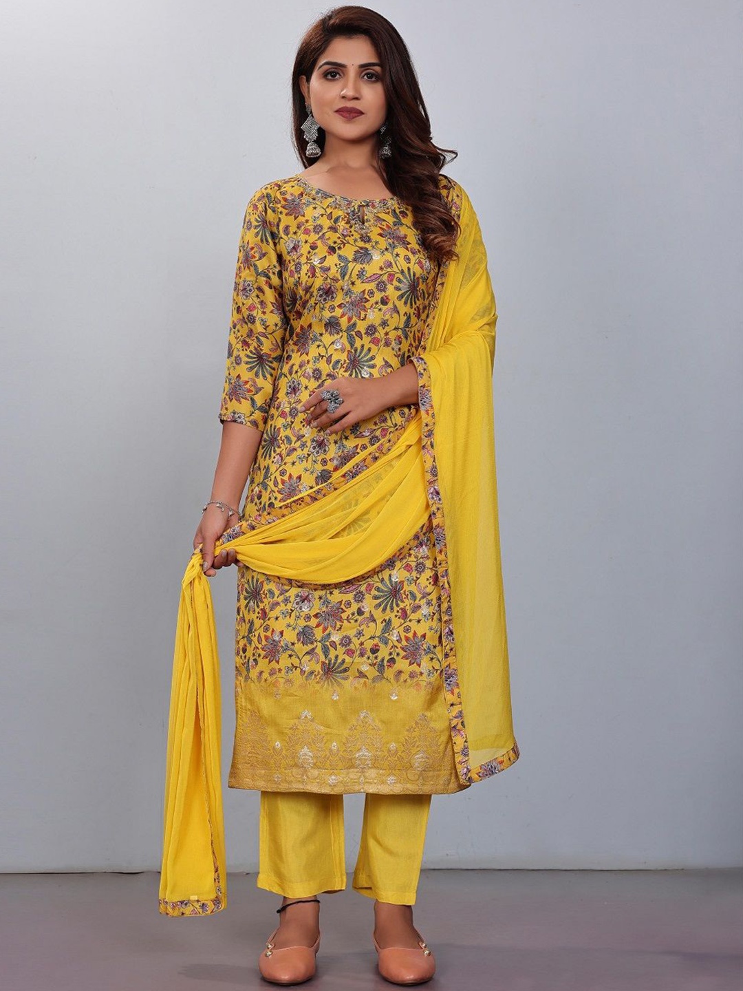 

JIVORA Floral Printed Sequinned Pure Silk Kurta with Trousers & Dupatta, Yellow