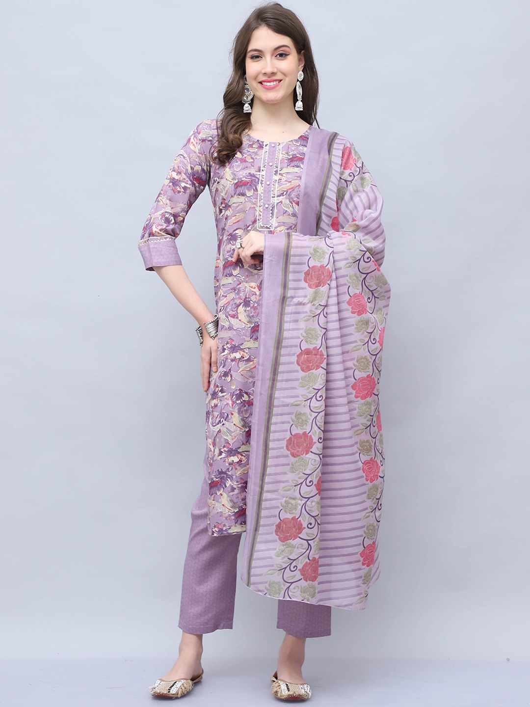 

Rajnandini Floral Printed Gotta Patti Straight Kurta with Trousers & Dupatta, Purple