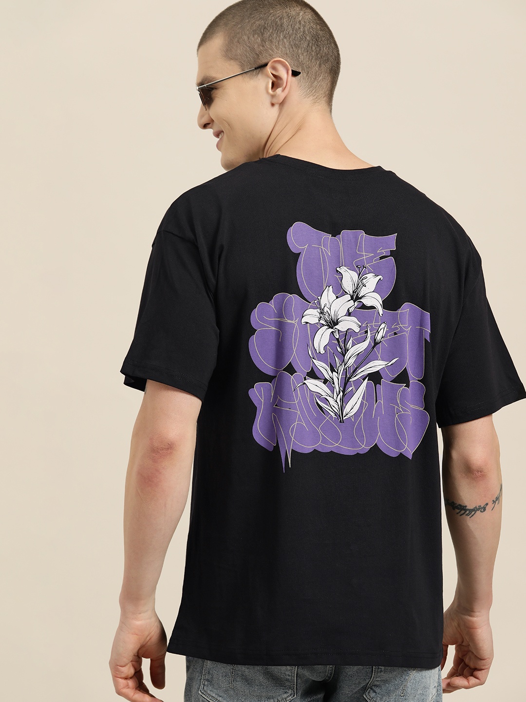 

HERE&NOW Printed Drop-Shoulder Sleeves Pure Cotton T-shirt, Black