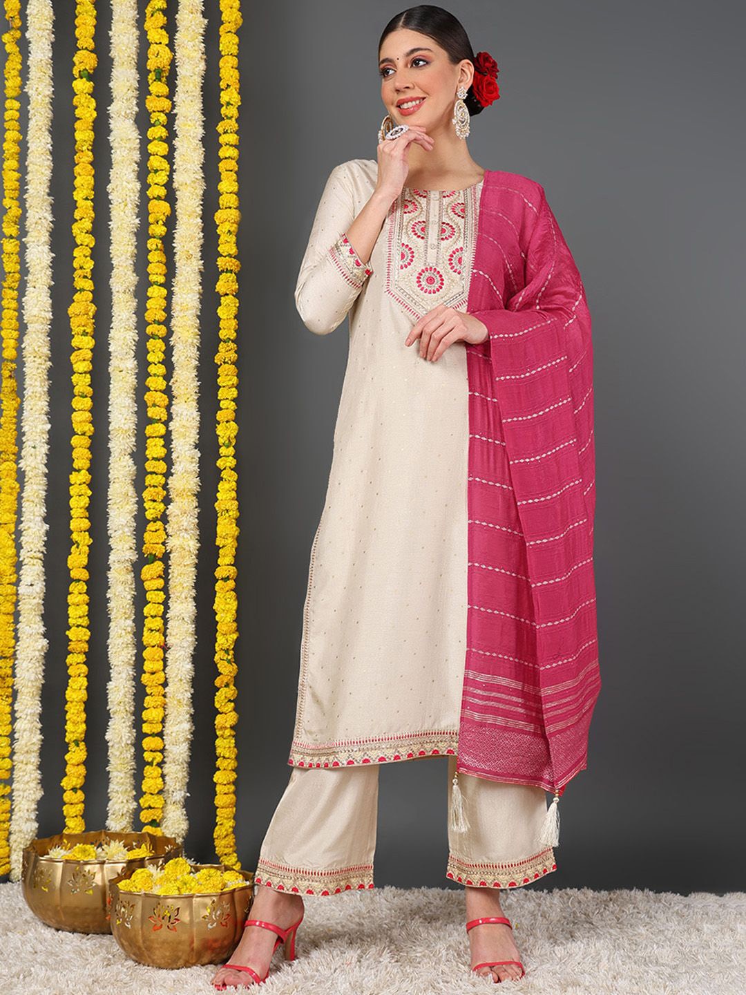 

AHIKA Embroidered Regular Thread Work Straight Kurta with Trousers & Dupatta, Off white