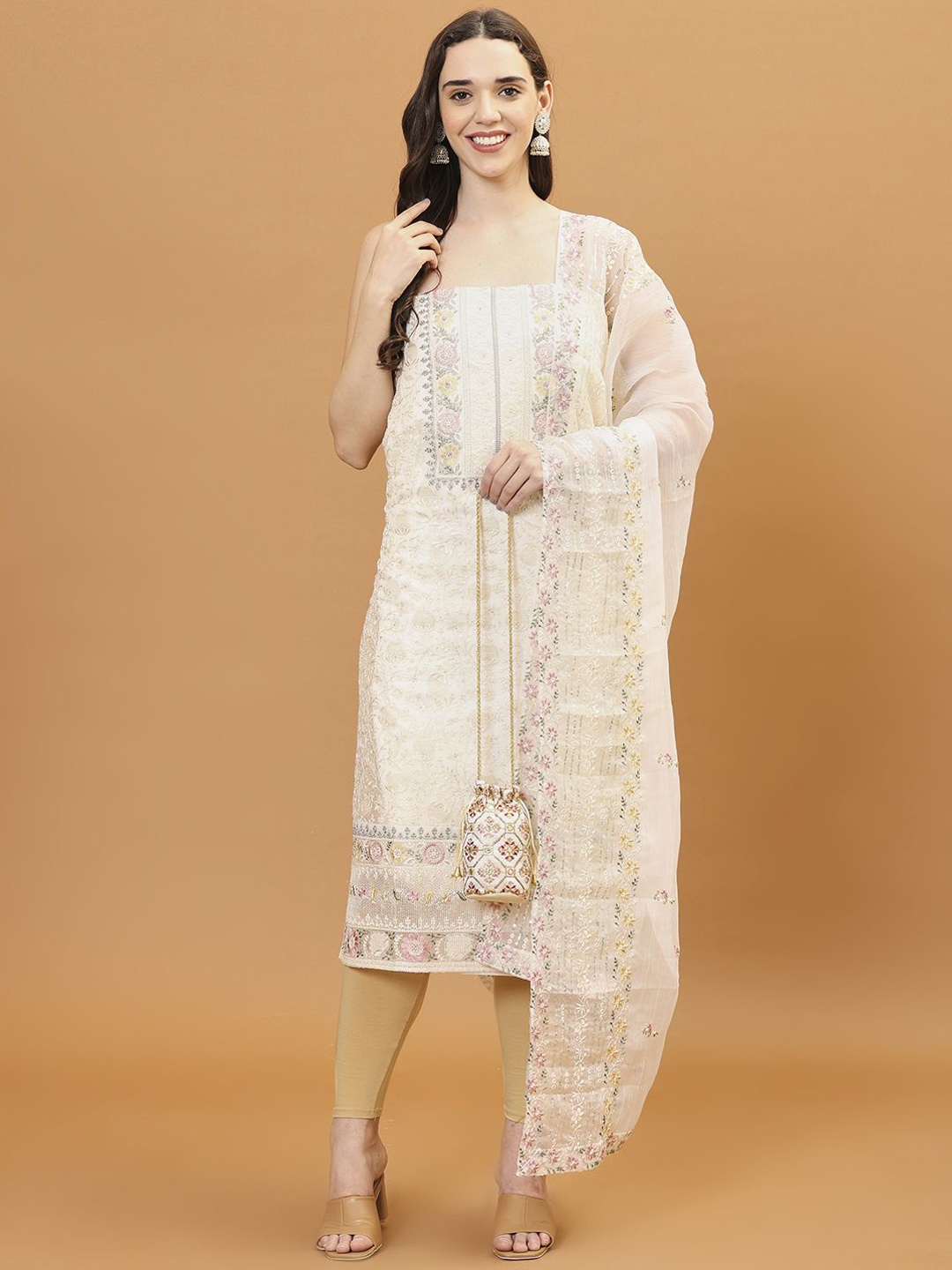 

Meena Bazaar Floral Embroidered Organza Unstitched Dress Material, Cream