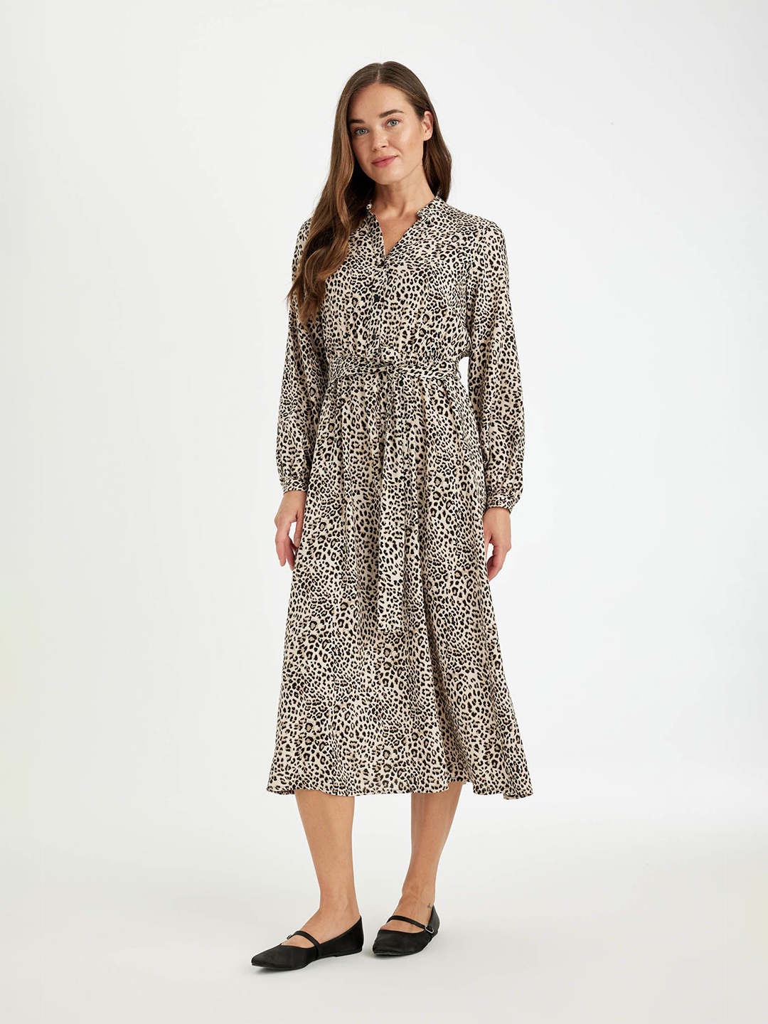 

DeFacto Animal Print Fit & Flare Midi Dress, Na