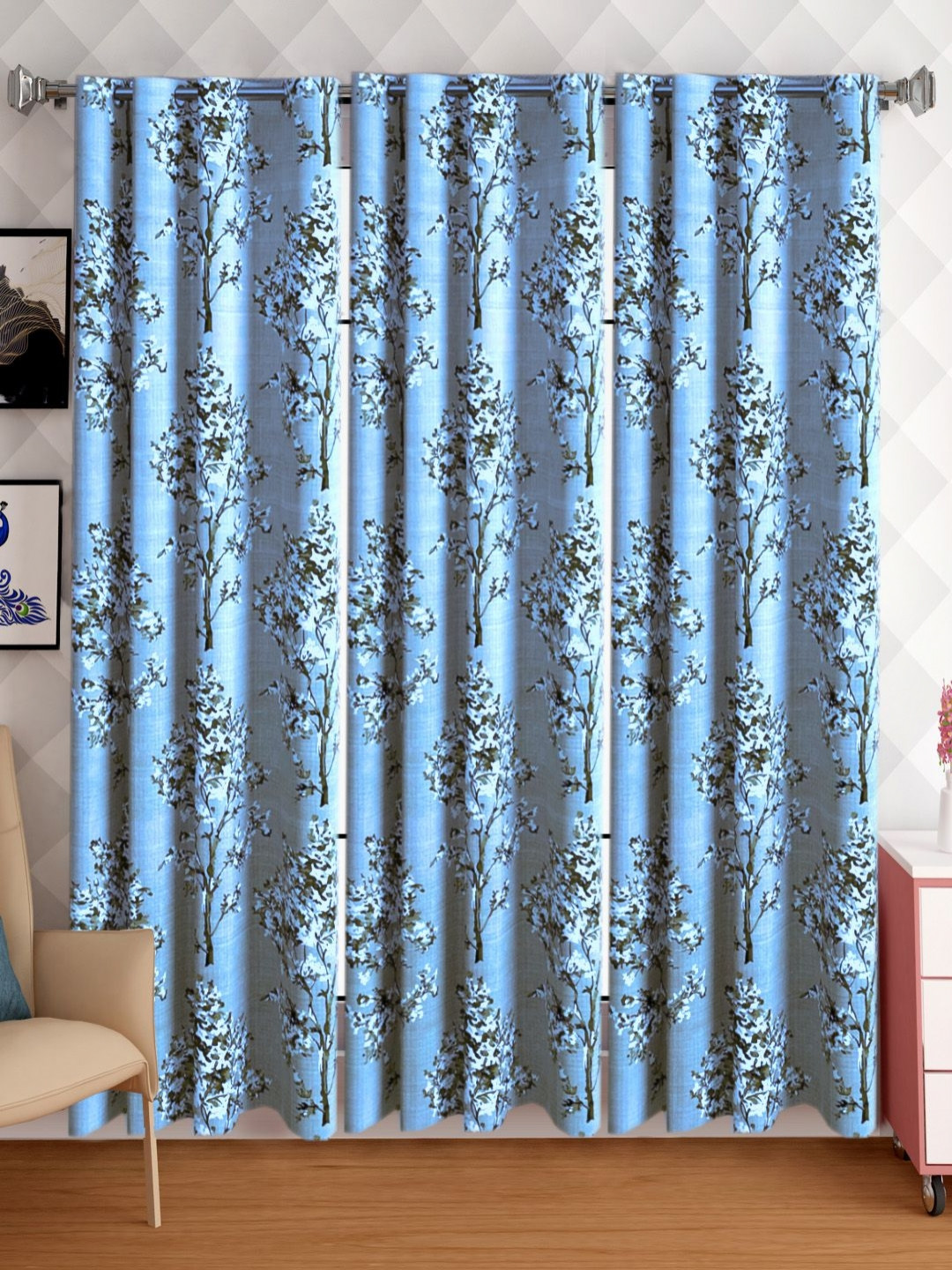 

Lunar Days Blue Set of 3 Floral Room Darkening Door Curtain