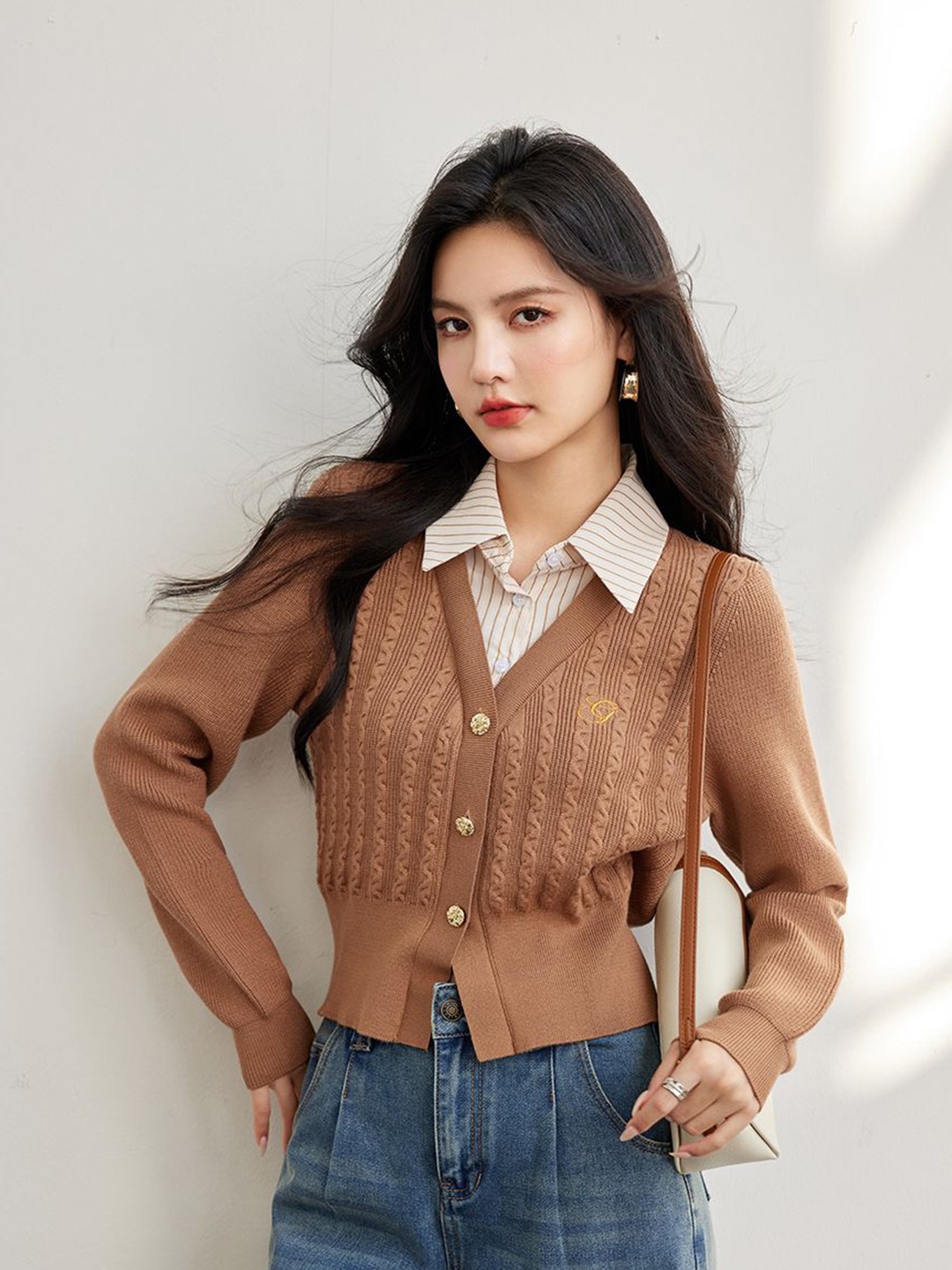 

JC Collection Women Cable Knit Cardigan, Brown