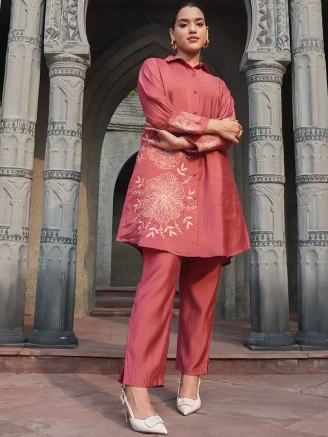 

FASHION DWAR Embroidered Shirt & Trouser, Rose