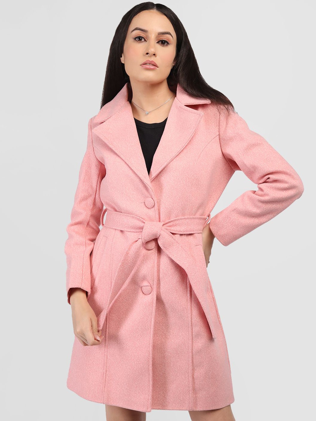 

HONNETE Women Notched Lapel Single-Breasted Hip-Length Winter Overcoat, Pink