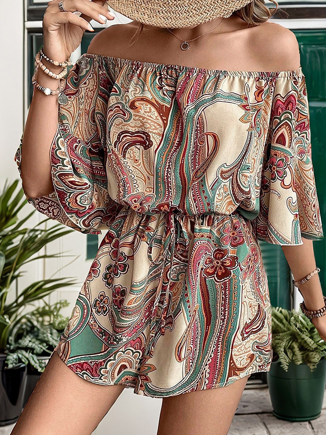 

LULU & SKY Off-Shoulder Paisley Printed Jumpsuit, Brown