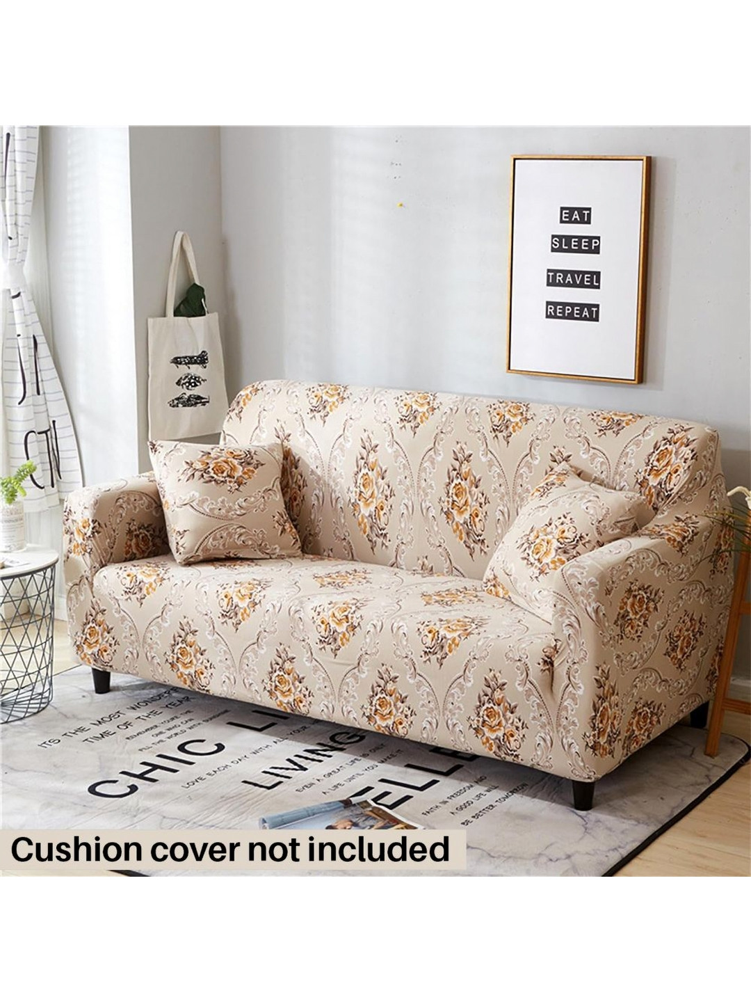 

B BESTILO Beige & Orange Floral Printed Triple Seater Sofa Cover With Arms