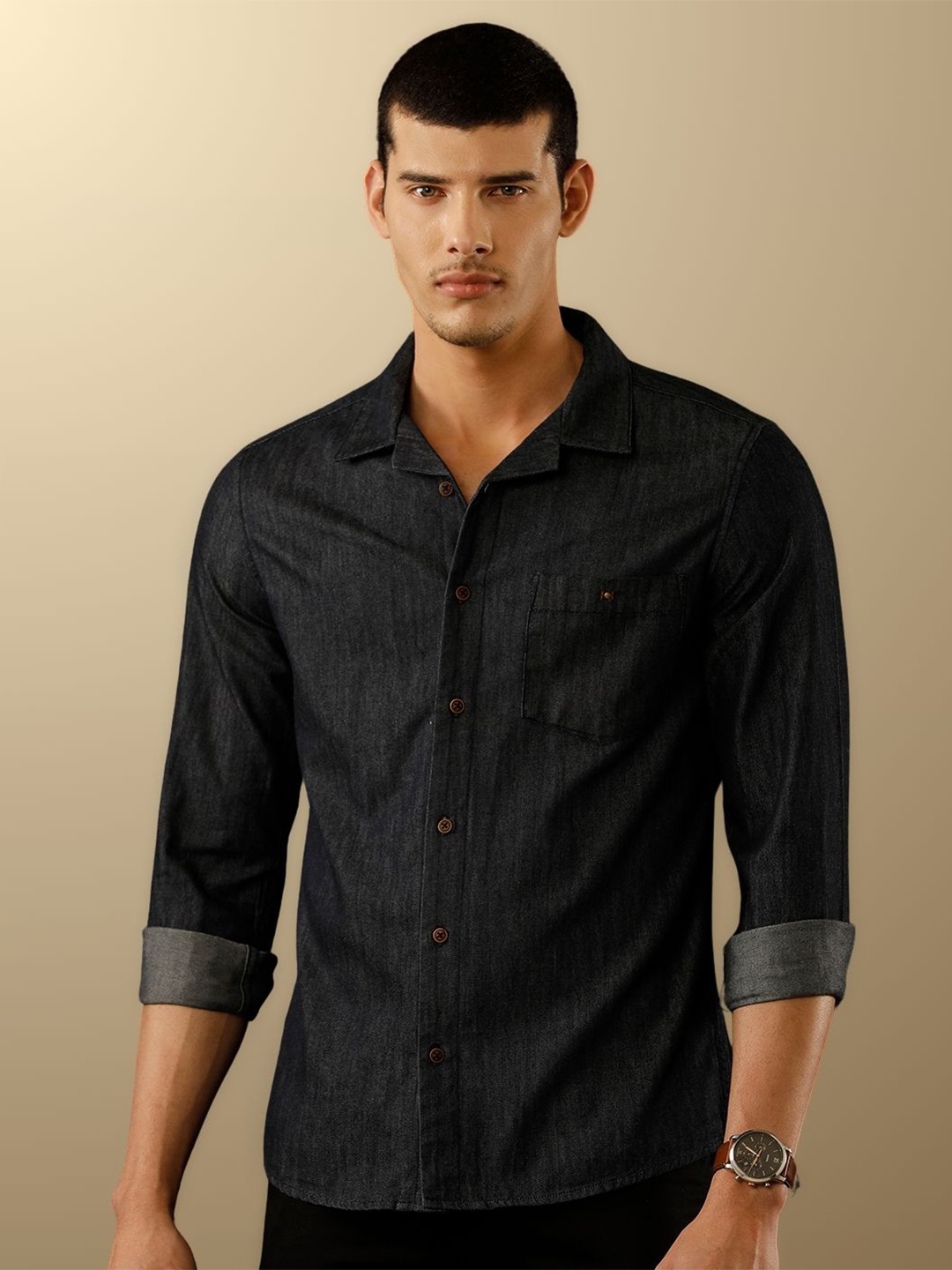 

TEMPLE OF DENIM Men India Slim Cuban Collar Solid Denim Casual Shirt, Black