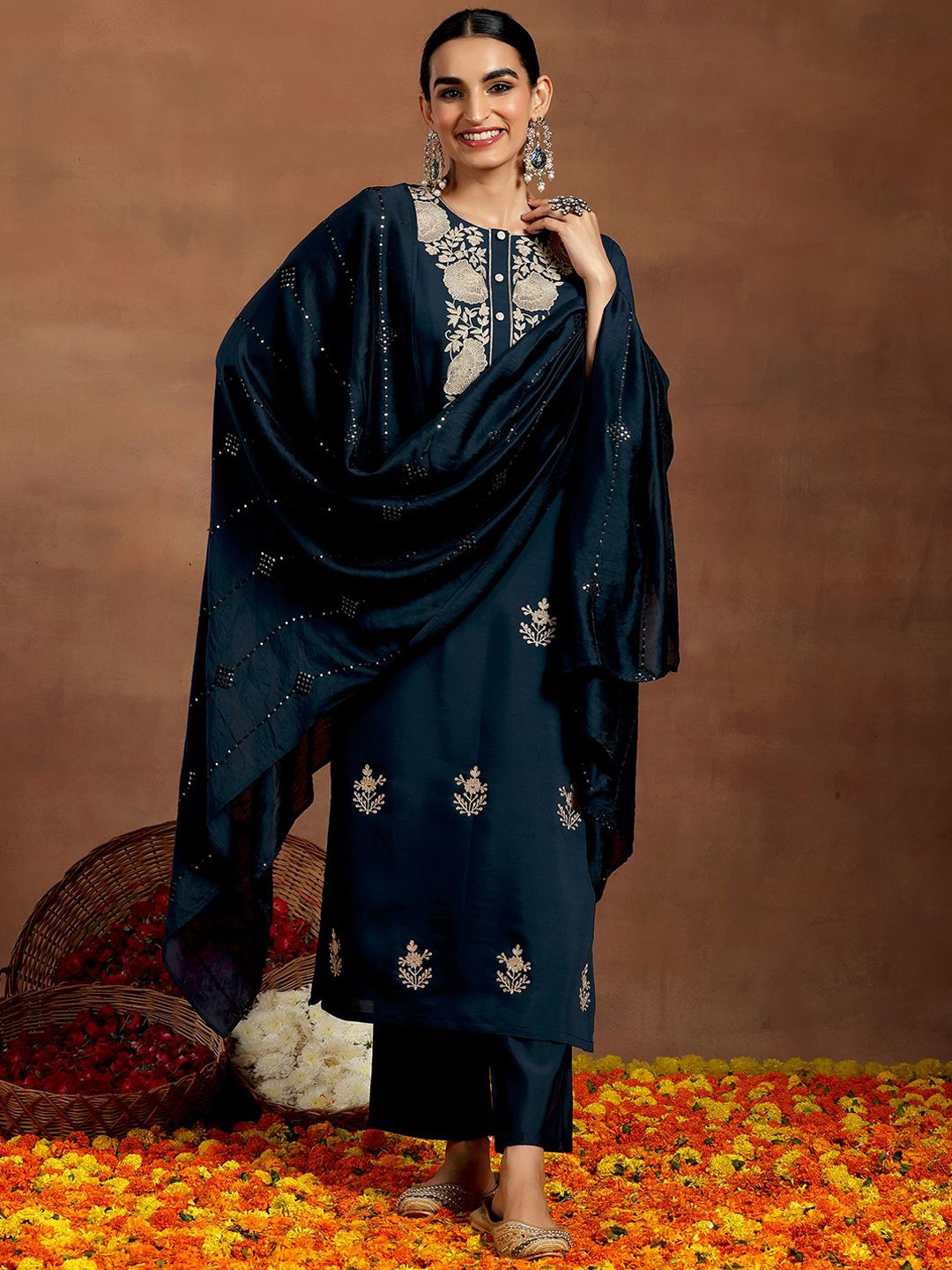 

Libas Floral Embroidered Regular Thread Work Straight Kurta with Trousers & Dupatta, Blue