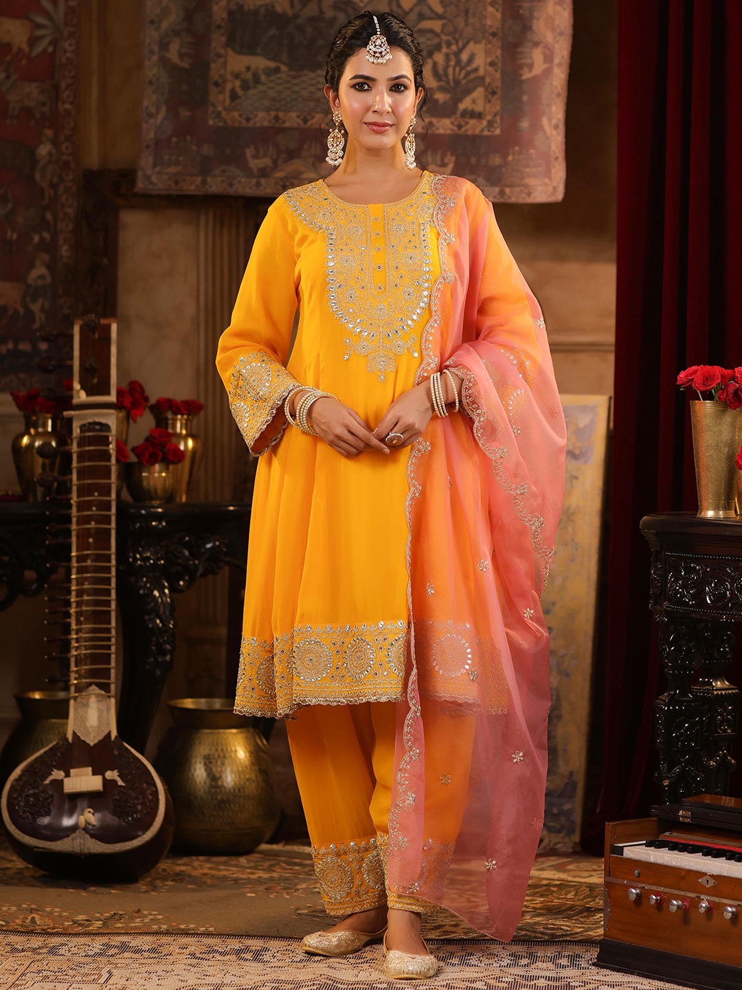 

SCAKHI Ethnic Motifs Embroidered Sequinned Anarkali Kurta With Salwar & Dupatta, Yellow