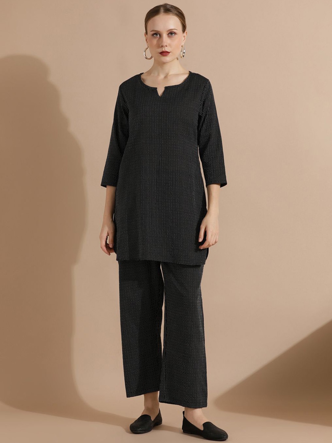 

STYLEBAAZI Women Striped Regular Kantha Work Pure Cotton Kurta with Trousers, Black