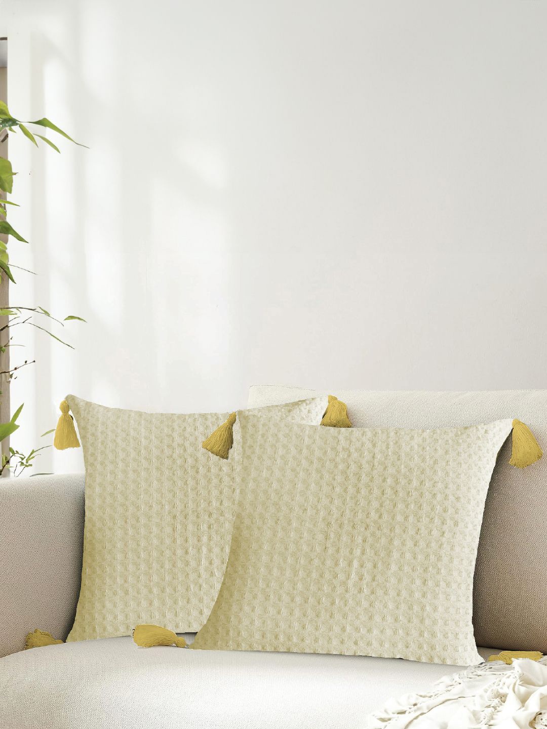 

URBAN SPACE Beige 2 Pieces Checked Square Cushion Covers