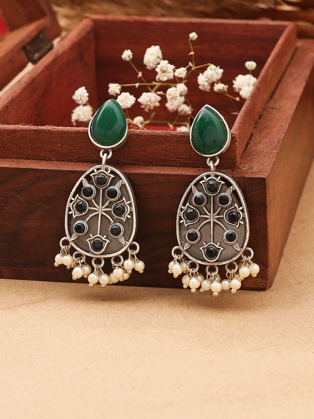 

Mirraw Silver-Plated Contemporary Antique Drop Earrings, Green