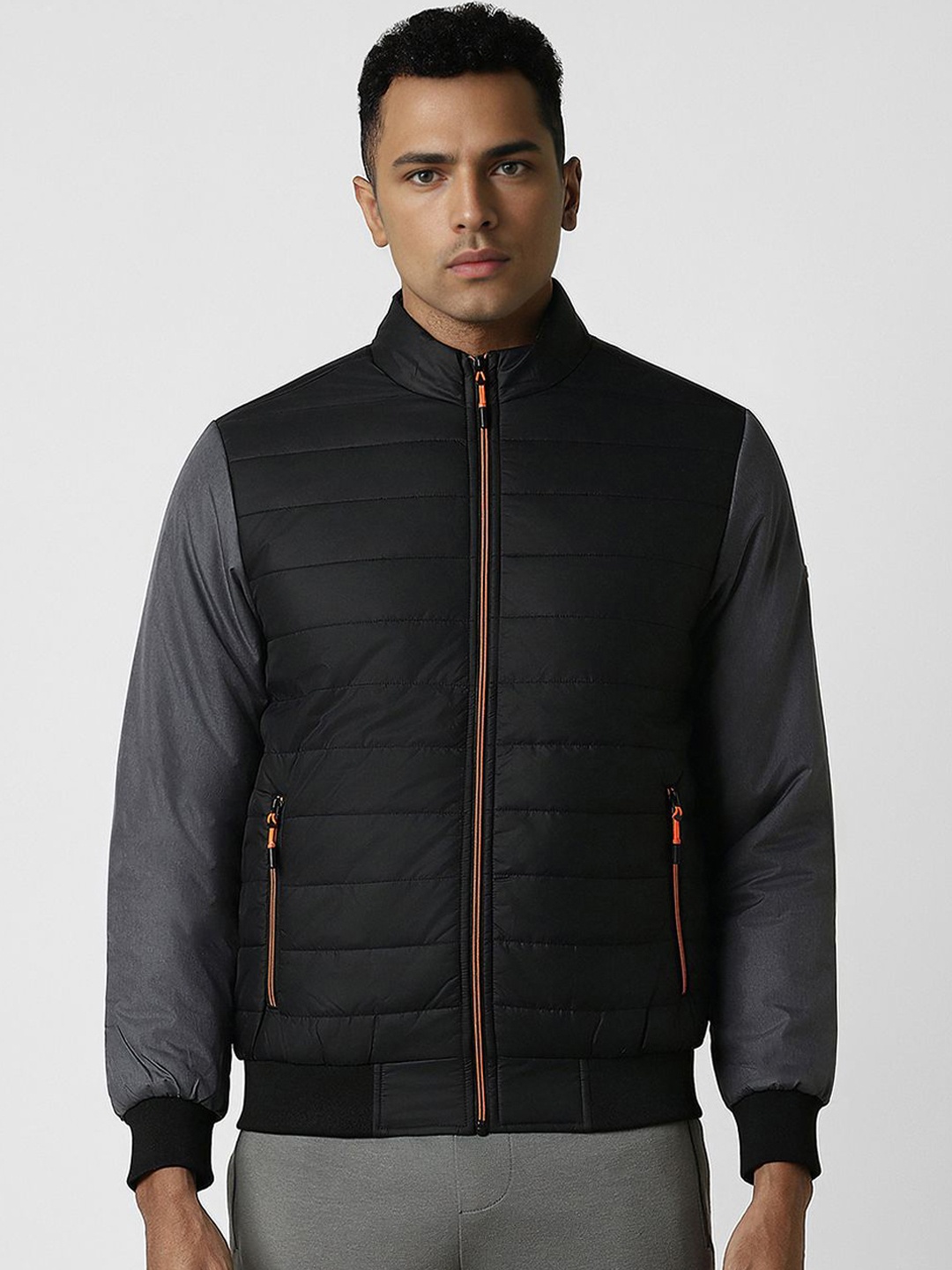 

Van Heusen Flex Men Colourblocked Collarless Bomber Jacket, Black