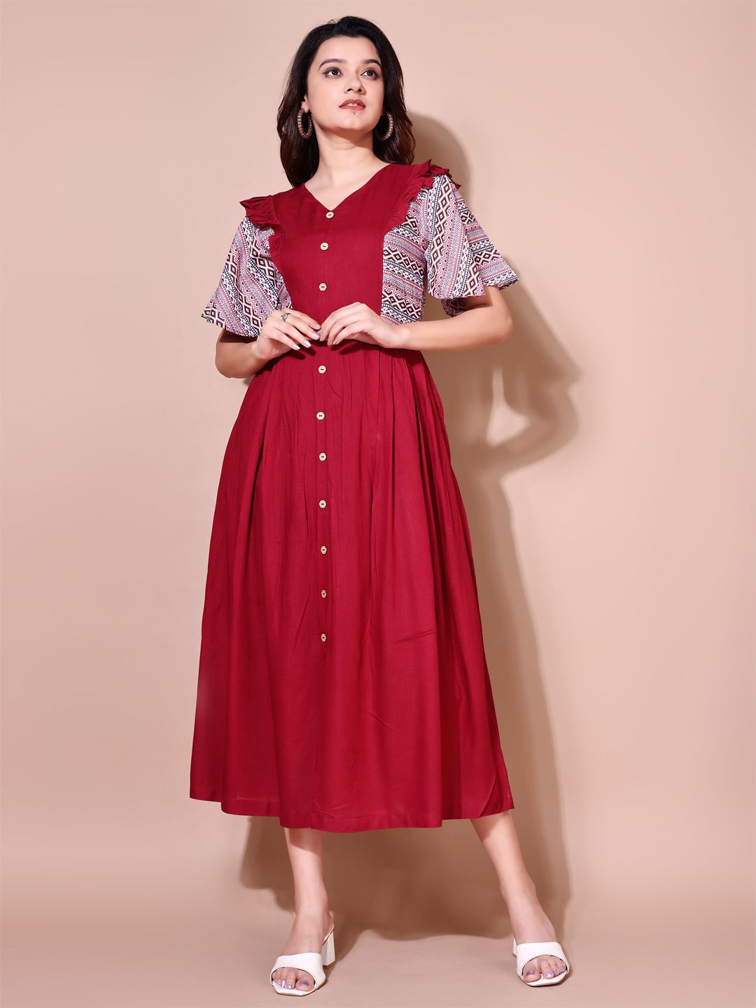 

SHINISHA Women Geometric Print Flutter Sleeve A-Line Midi Dress, Red