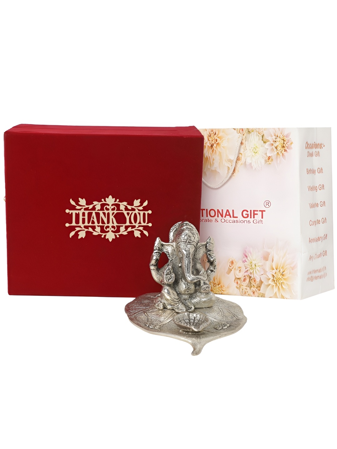 

INTERNATIONAL GIFT Silver-Toned Patta Ganesh Idol with Thank You Tag & Velvet Box