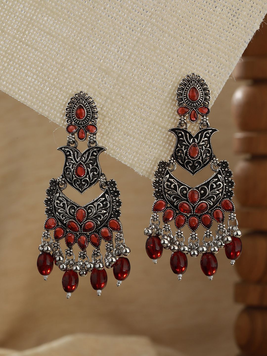 

Jazz and Sizzle Silver-Toned Artificial Stones and Beads Classic Chandbalis Earrings, Red