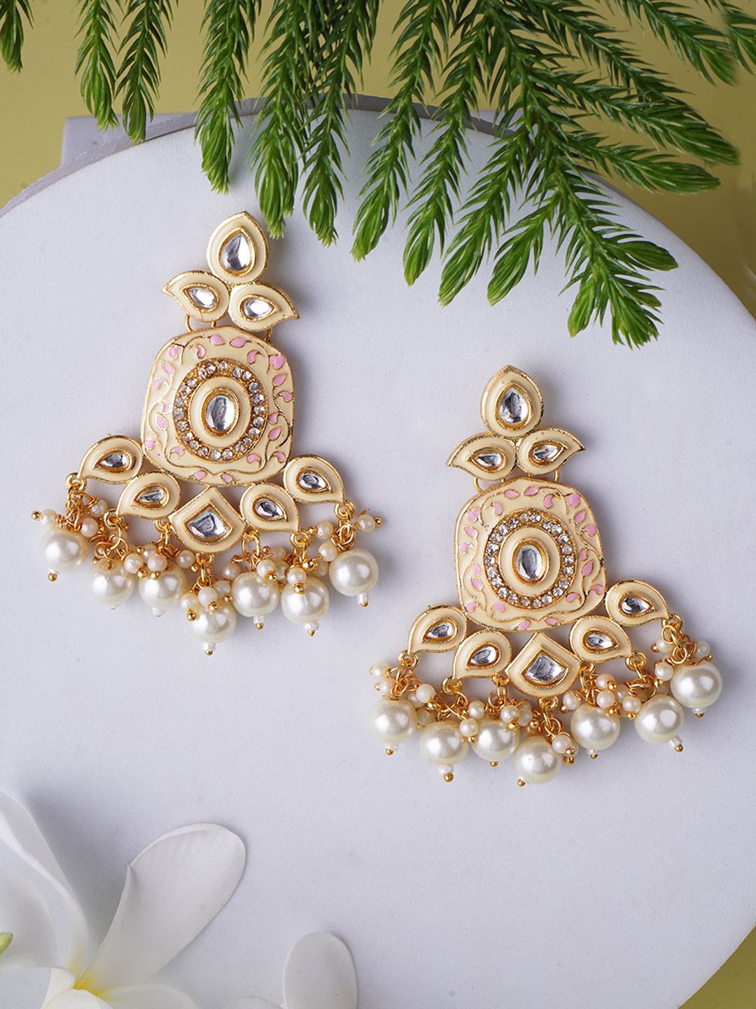 

Anouk Cream Gold-Plated Kundan Studded & Pearl Classic Drop Earrings