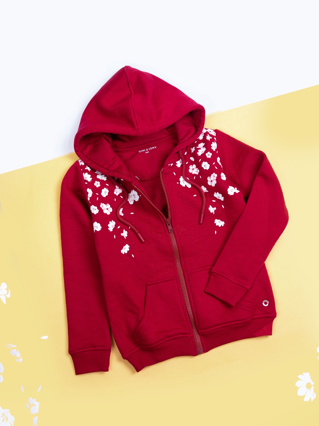 

Gini and Jony Girls Floral Printed Hooded Cotton Sporty Jacket, Red