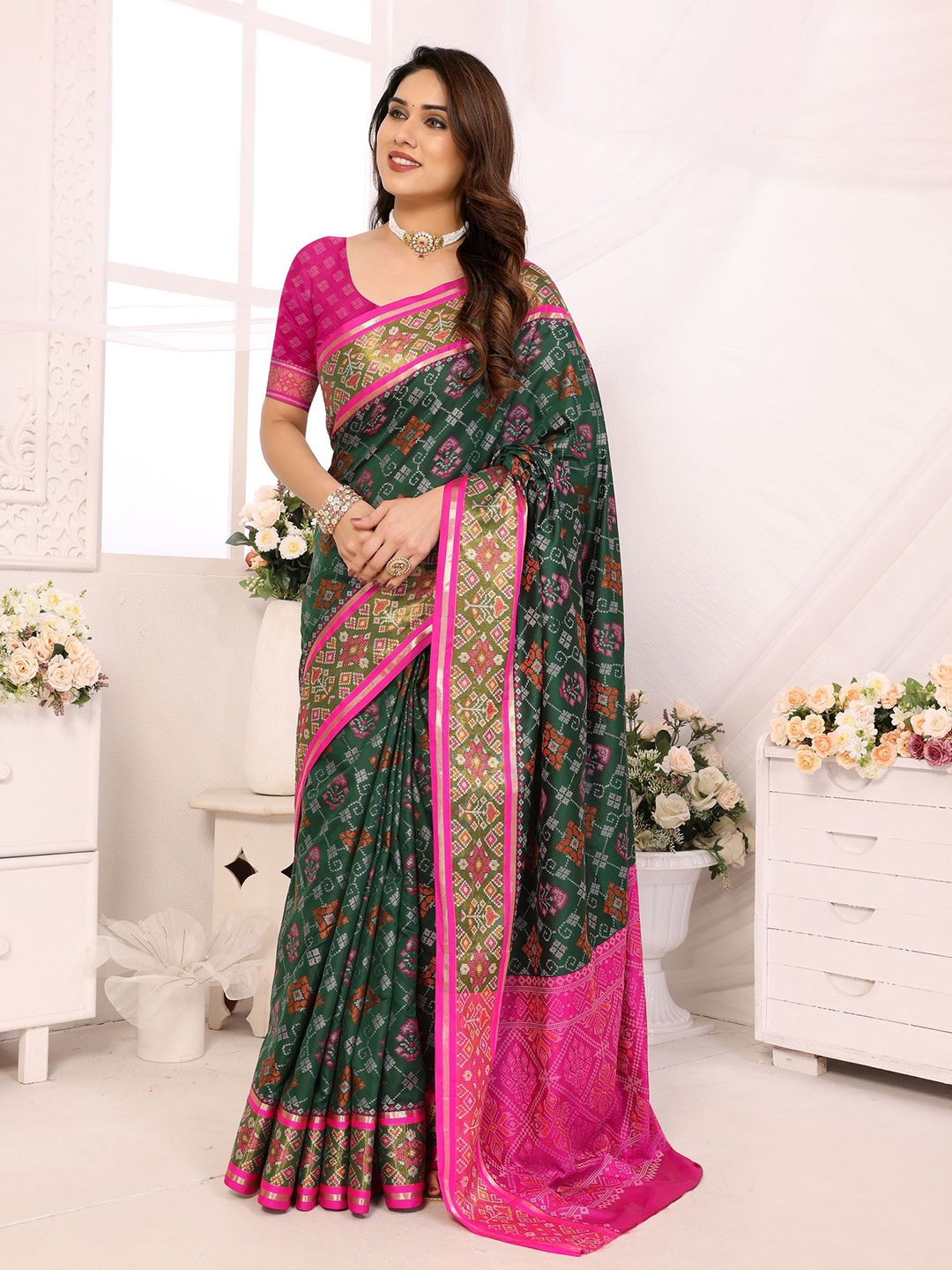 

Sidhidata Ajrak Printed Zari Patola Saree, Green