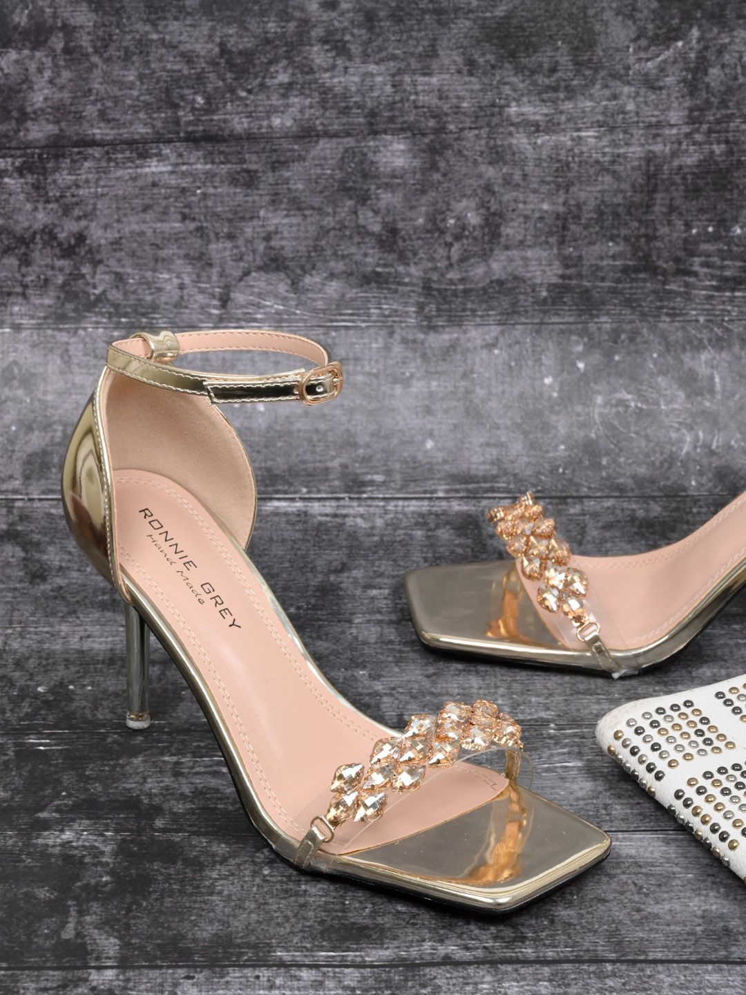 

Ronnie Grey Women Embellished PU Party Slim Heeled Sandals, Gold
