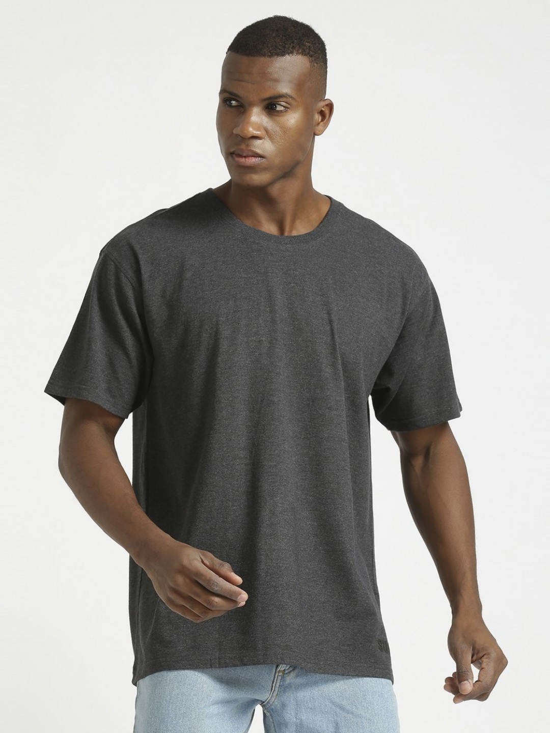 

Supa Men Solid Round Neck Cotton Oversized T-shirt, Grey melange