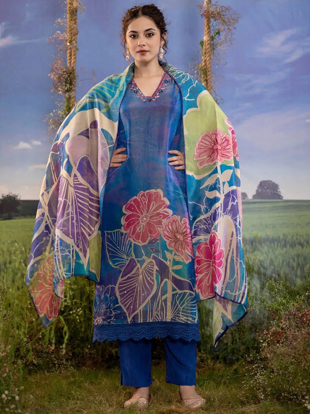 

FASHION DWAR Floral Printed Beads & Stones Tissue Straight Kurta with Trousers & Dupatta, Blue