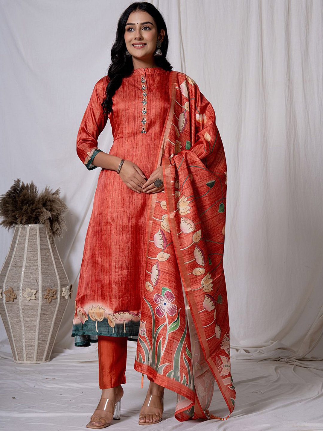 

Yufta Mandarin Collar Thread Work A-Line Kurta with Trousers & Dupatta, Red