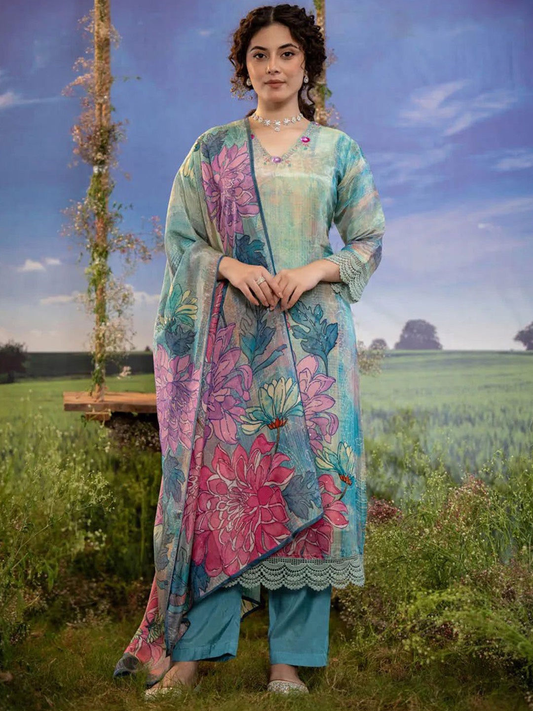 

FASHION DWAR Floral Printed Beads and Stones Straight Kurta With Trousers & Dupatta, Teal