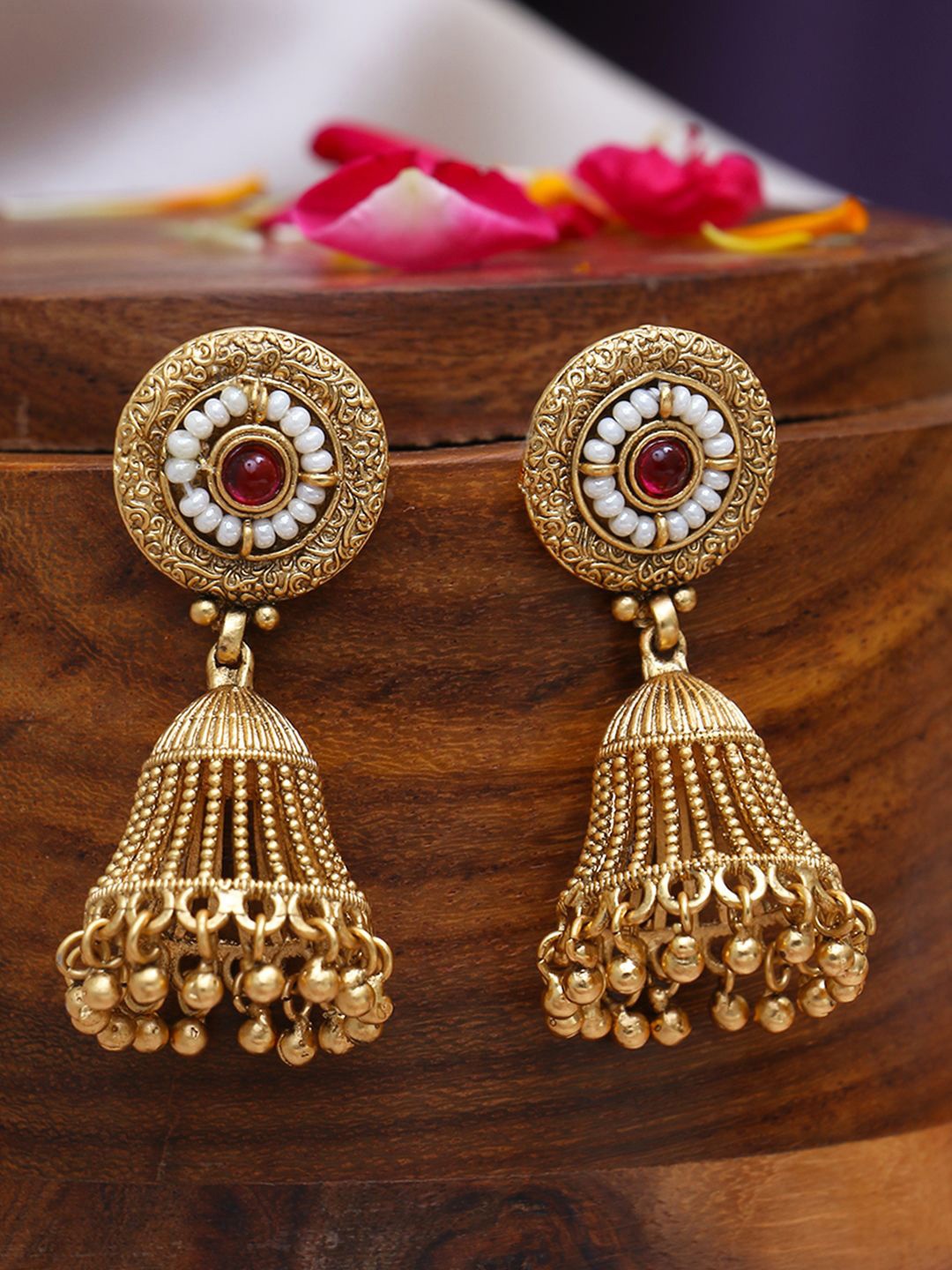 

Anouk Red Gold Plated Pearl Beaded Dome Shaped Jhumkas