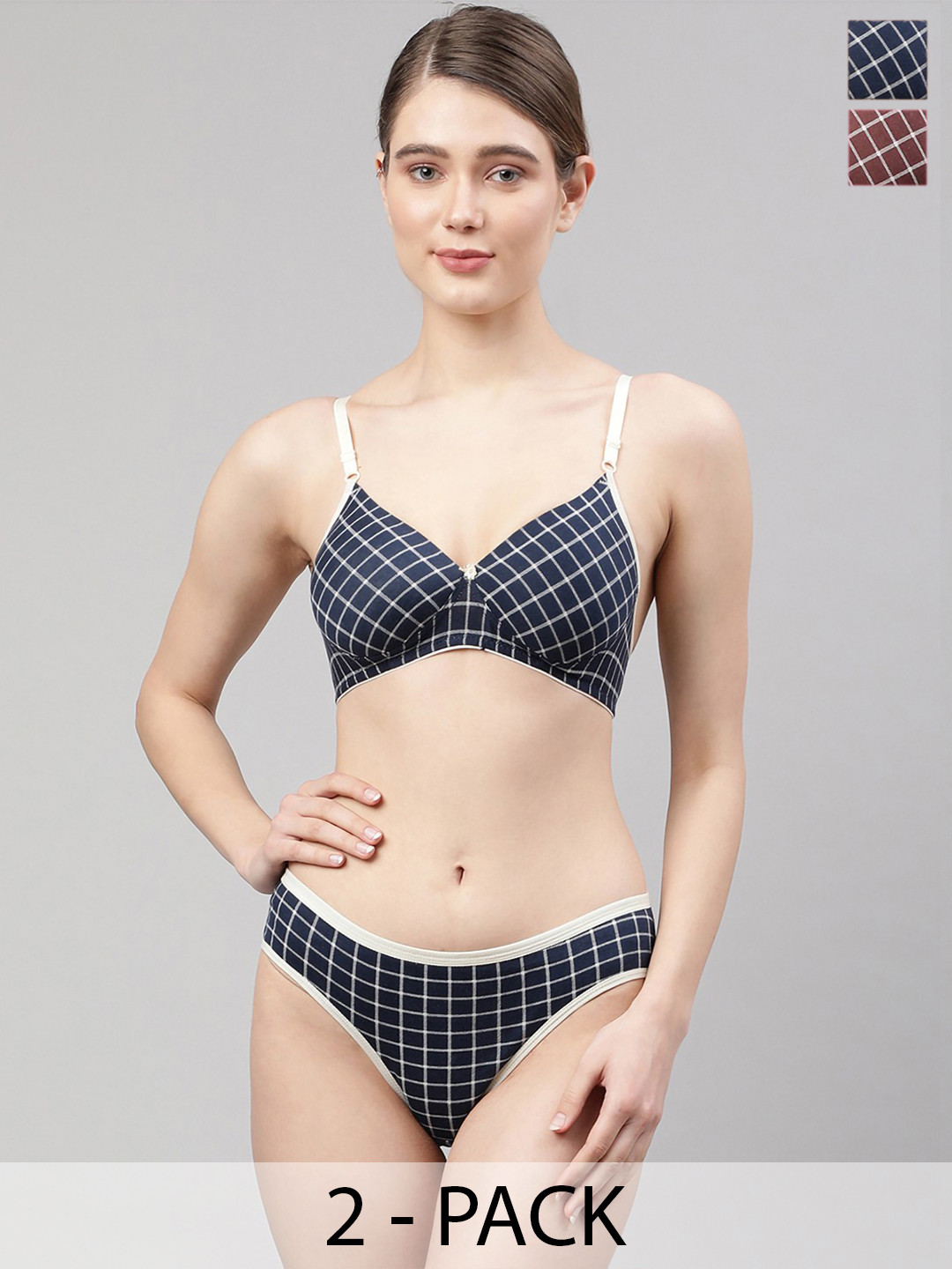 

Aamarsh Women Pack Of 2 Checked Cotton Lightly-Padded Lingerie Sets, Blue