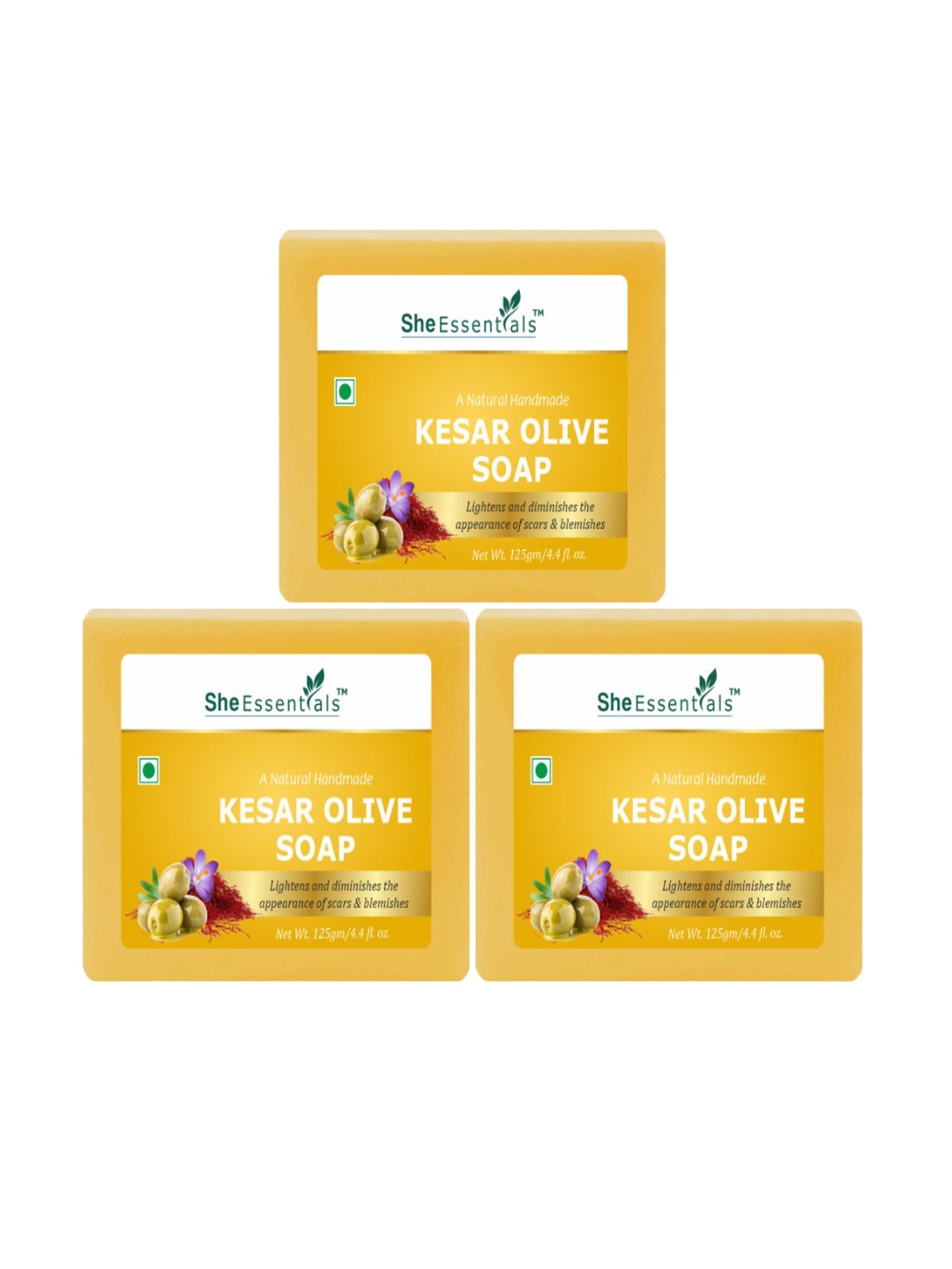 

She Essentials Set Of 3 Natural Kesar Olive Soap -125g Each, Transparent