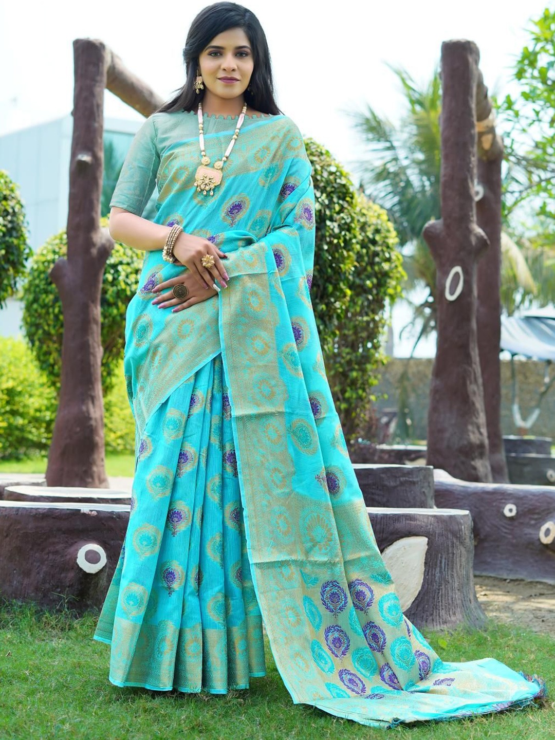 

Areca Designer Ethnic Motifs Zari Linen Blend Banarasi Saree, Blue