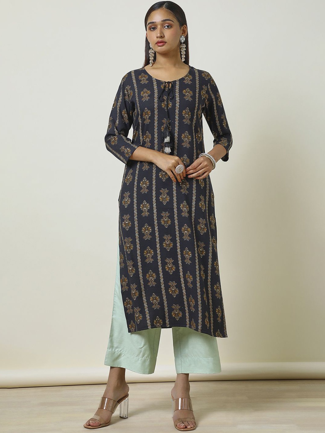 

Soch Black Ethnic Motifs Printed Tie-Up Neck Straight Kurta