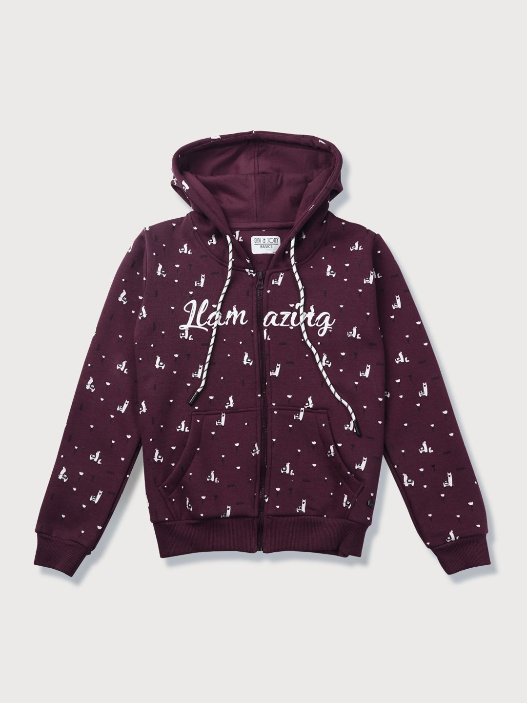 

Gini and Jony Girls Cotton Printed Hooded Bomber Jacket, Burgundy