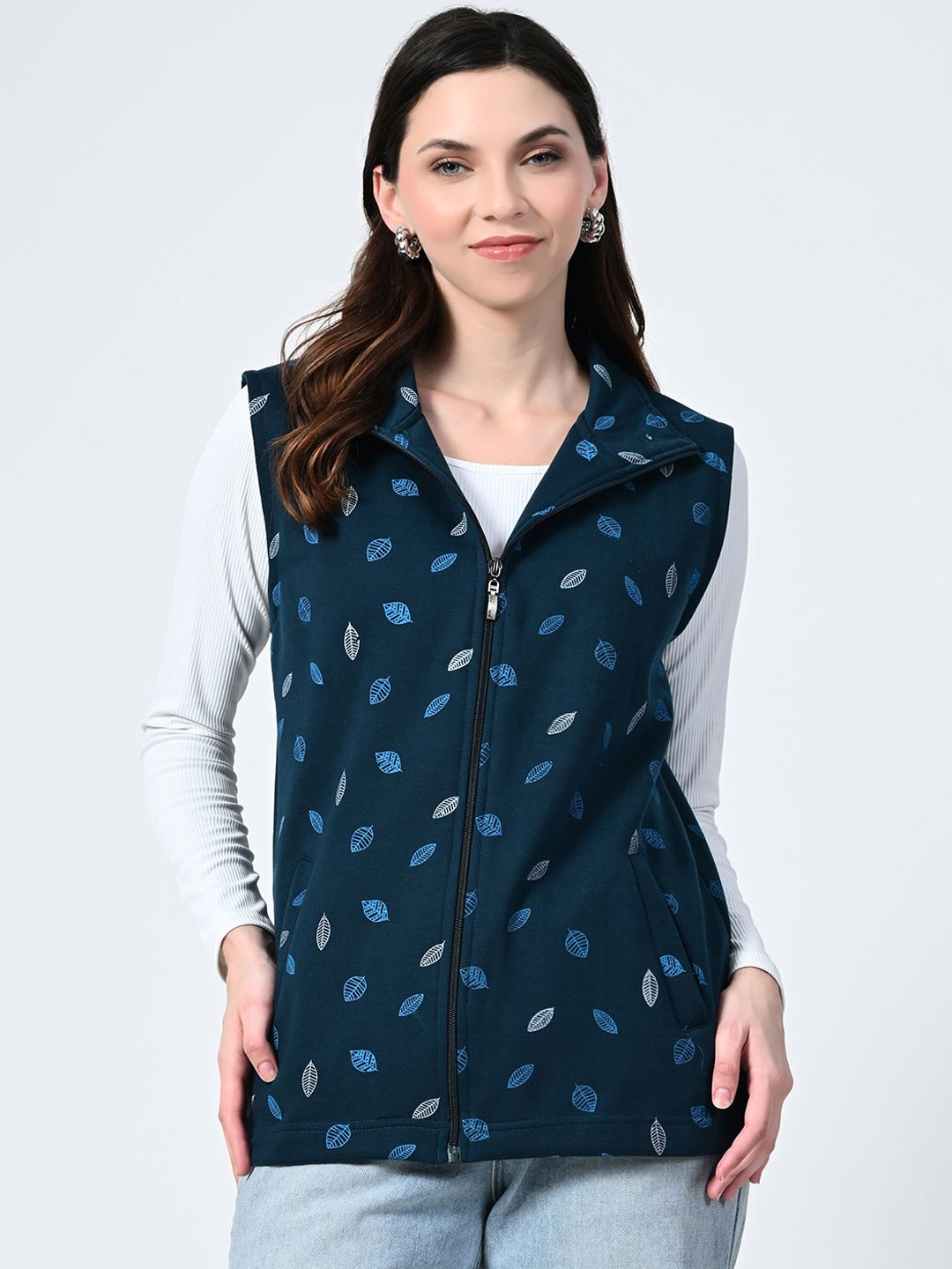 

BAESD Women Floral Printed Mock Collar Sleeveless Lightweight Open Front Jacket, Sea green