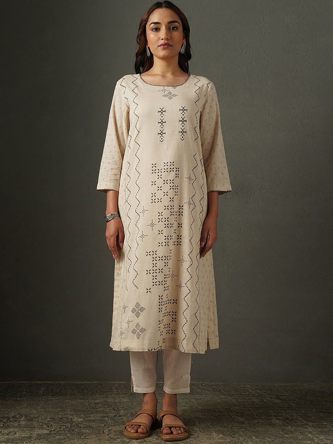 

JAYPORE Abstract Printed Pure Cotton A-Line Kurta, Off white