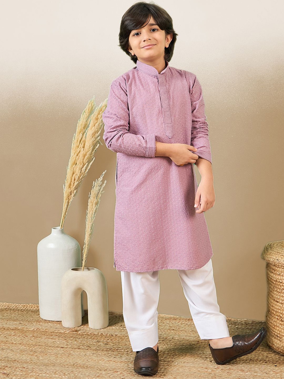 

YK Boys Ethnic Motifs Embroidered Regular Chikankari Kurta with Patiala, Purple