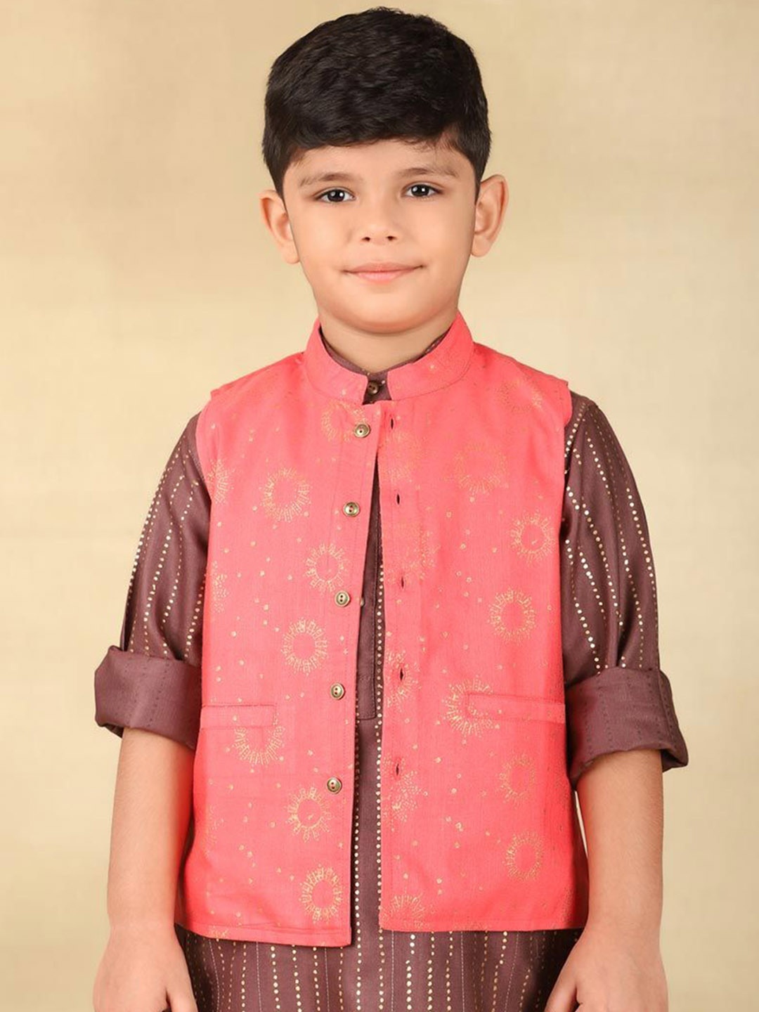 

Fabindia Boys Block Printed Nehru Jacket, Pink