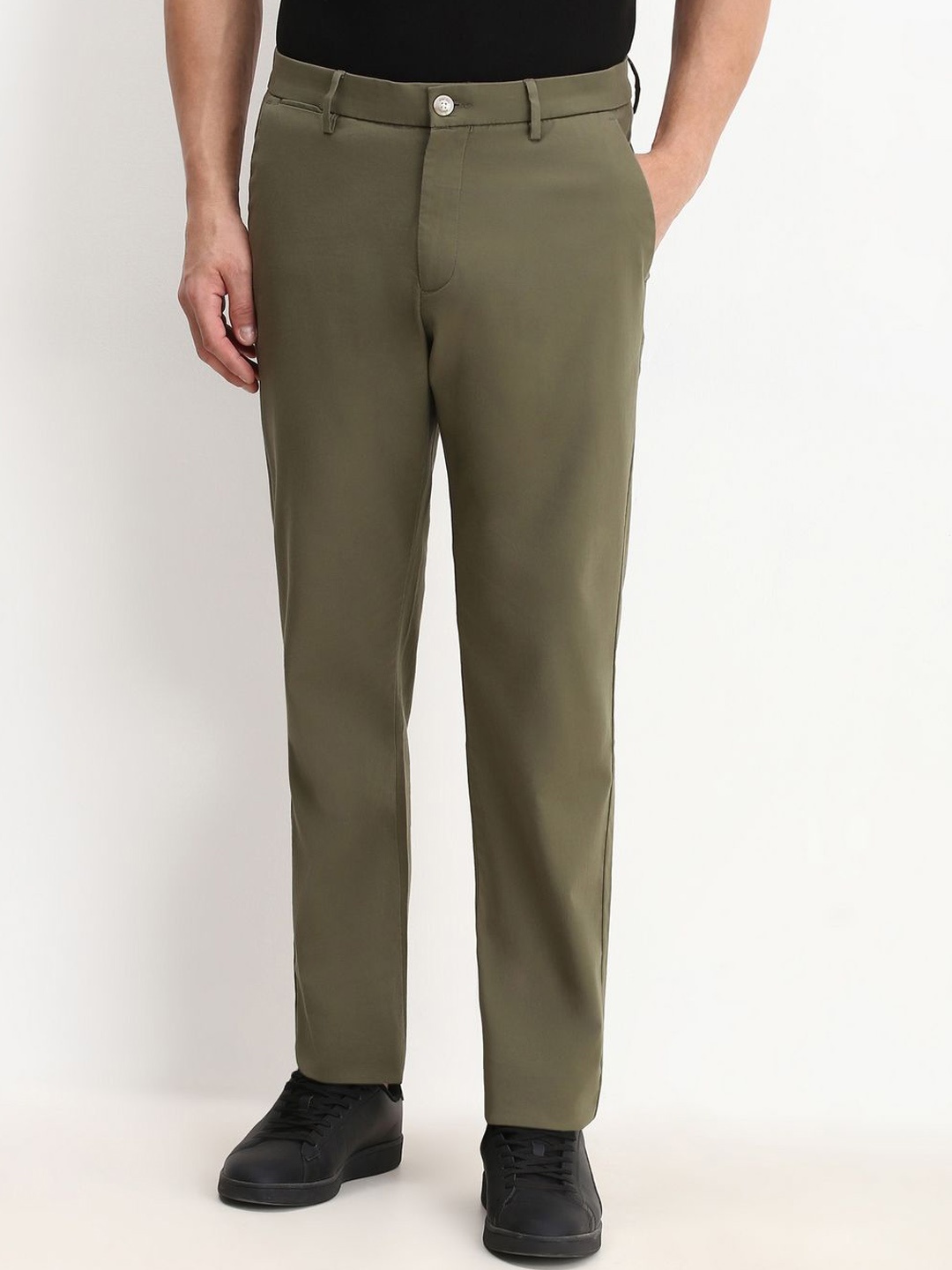 

Allen Solly Men Solid Cotton Mid-Rise Slim Fit Formal Trousers, Olive