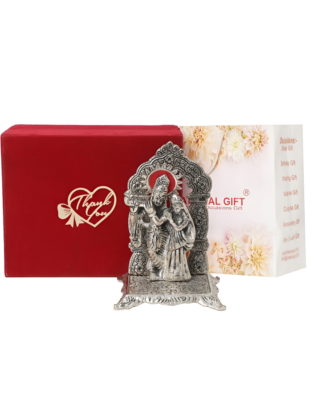 

INTERNATIONAL GIFT Silver-Toned Radha Krishna Chowki With Thank You Tag & Velvet Box