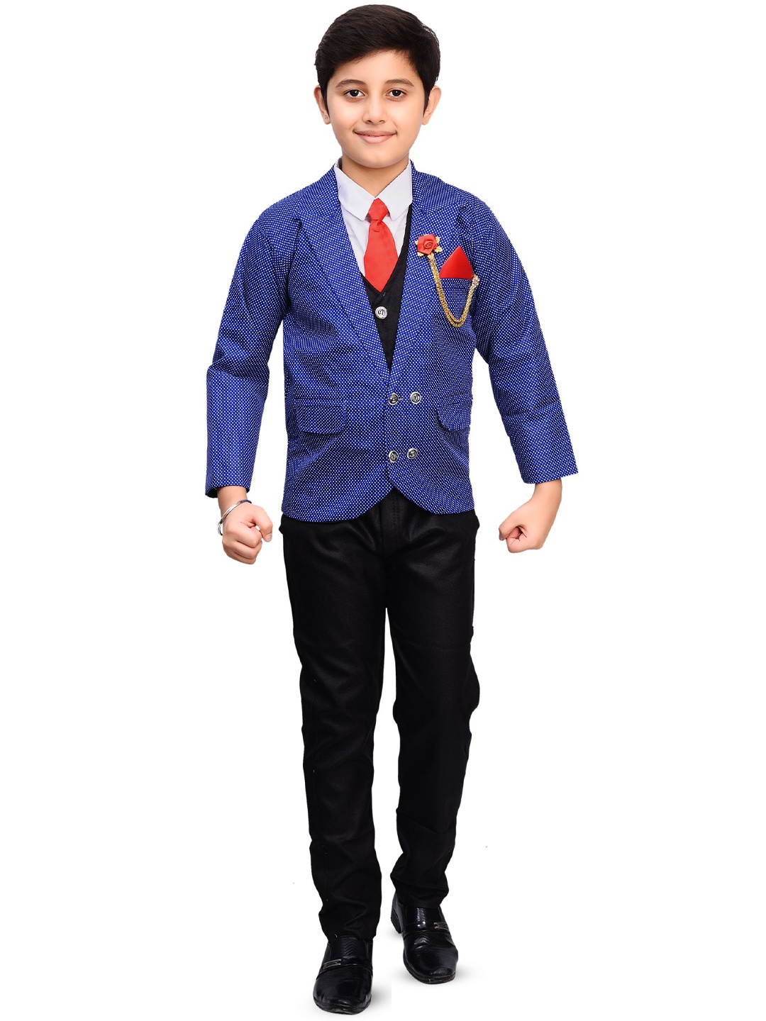 

BAESD Boys Printed Four-Piece Double-Breasted Shirt, Trousers & Waistcoat With Blazer, Blue