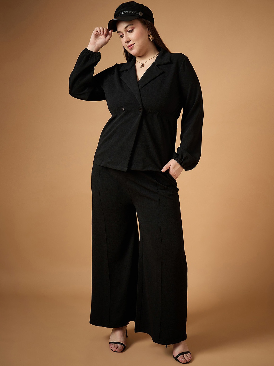 

SASSAFRAS Curve Plus Size Notched Lapel Collar Coat & Trouser, Black