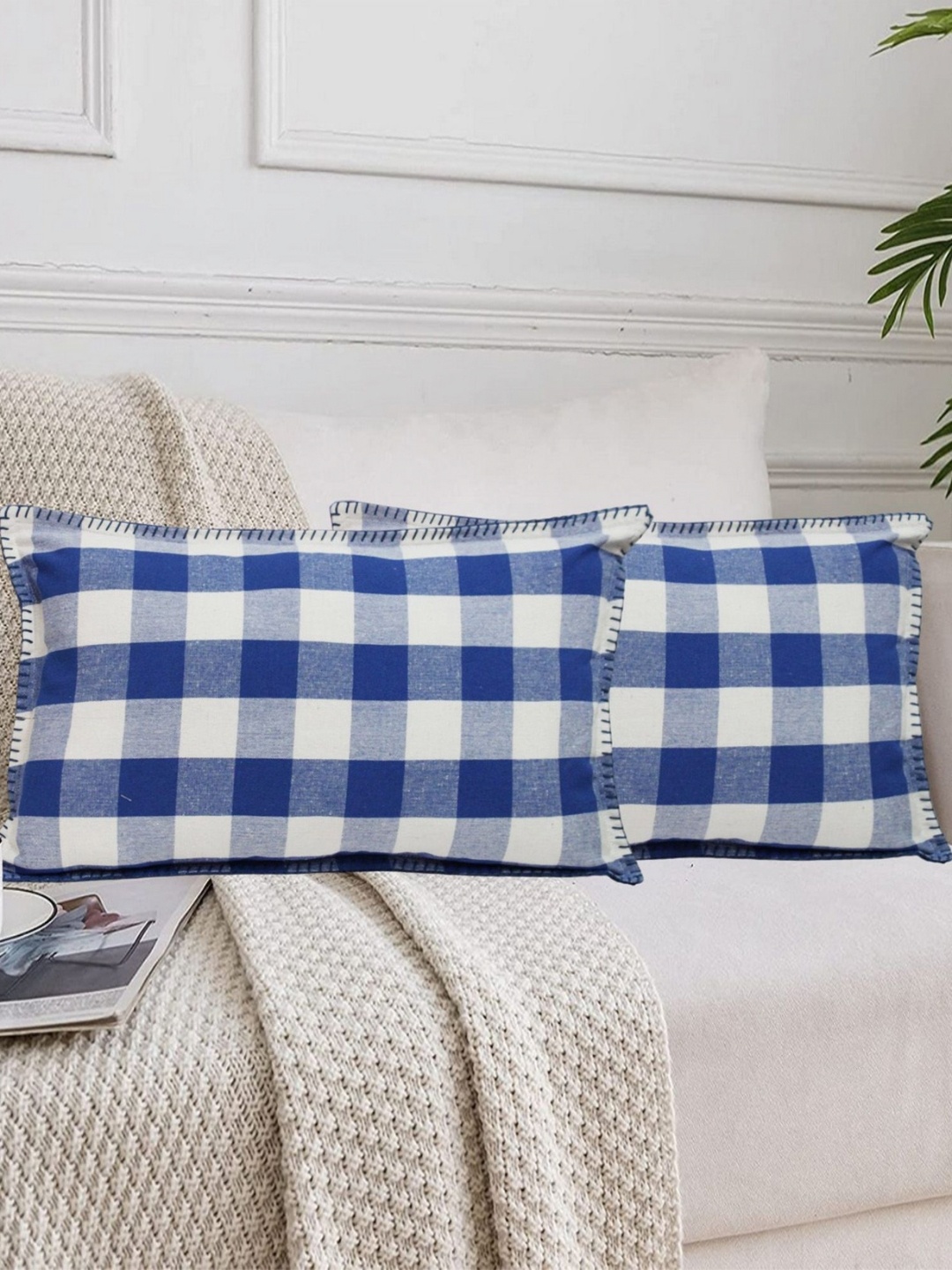 

Lushomes Blue & White 2 Pieces Checked Rectangle Cushion Covers