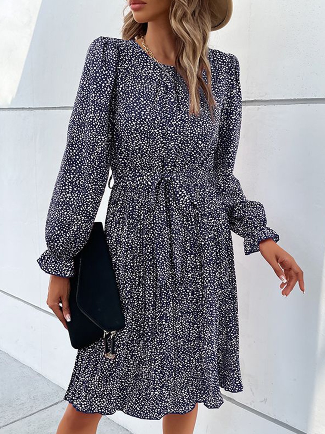 

HERE&NOW Women Abstract Printed Round Neck Puff Sleeves Fit and Flare Dress, Navy blue